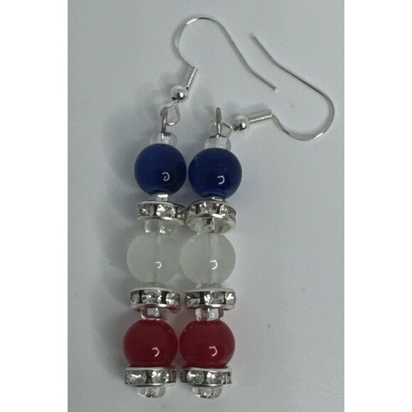 27" Eyeglass Chain Bracelet Earring Set Red White Blue Glass Beads Handmade - Picture 7 of 12